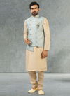 Sky Blue Colour Latest Party Wear Jacquard Banarasi Silk Digital Print Kurta Pajama With Jacket Mens Collection 1049
